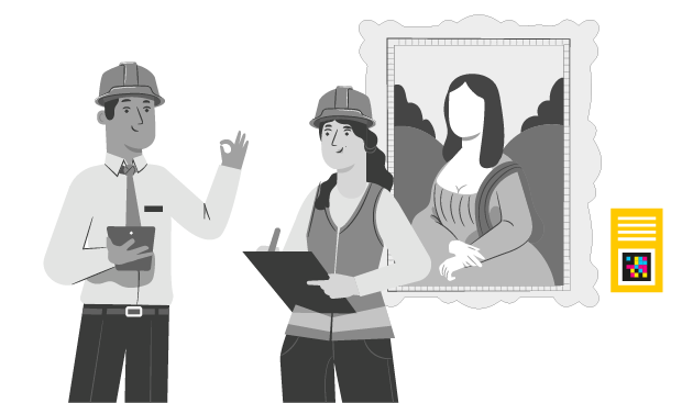 ilustración de comisario y técnico de mantenimiento en interior de museo