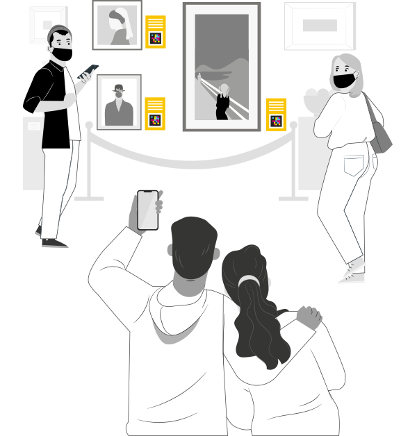 ilustración de varias personas dentro de un museo usando navilens 